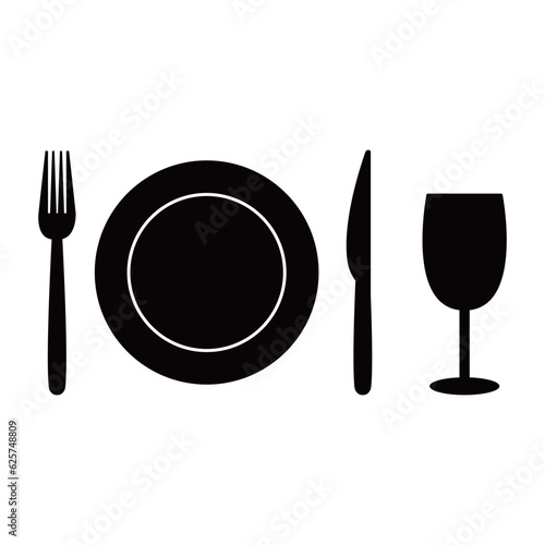 Tableware vector illustration on white background. Fork, knife, plate, wine glass icon. Restaurant dining and eating utensils. Dark shape silhouette.