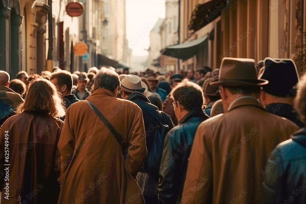 Crowd of people of different ages on narrow street, created with Generative AI technology.