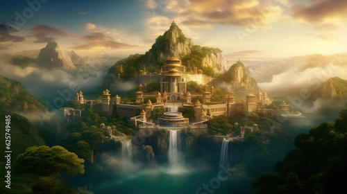 Fairytale fantasy city with three waterfalls in the mountains at dawn in the morning. Ai generation © Olmyntay