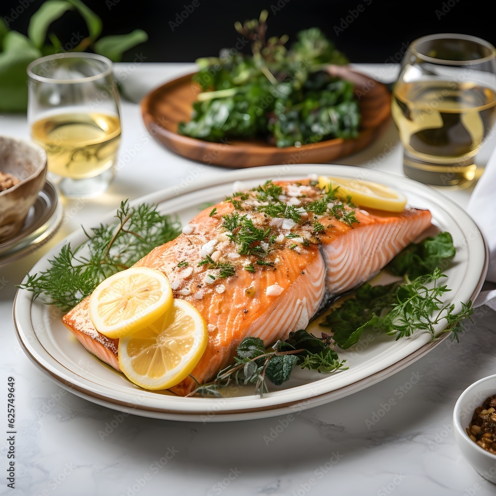 Atlantic salmon topped with lemon and dill leaves served on white plate which is on a White marble kitchen table. Atlantic salmon topped with lemon and dill leaves served on white plate which is on a White marble kitchen table.