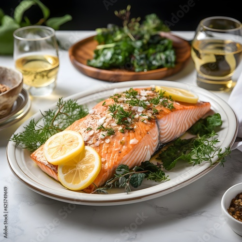 Atlantic salmon topped with lemon and dill leaves served on white plate which is on a White marble kitchen table.