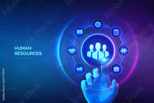 Human Resources. HR management, recruitment, employment, headhunting business concept. Human social network and leadership. Hand touching digital interface. Vector illustration.