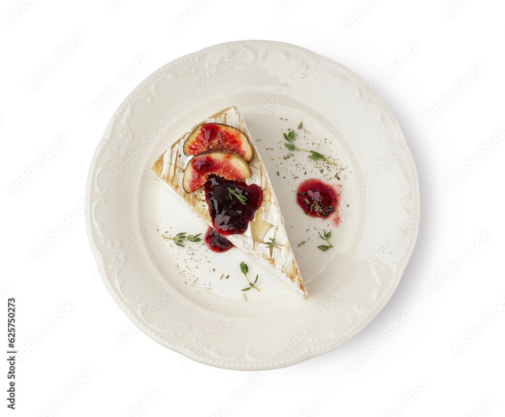 Plate with tasty baked Camembert cheese on white background Plate with tasty baked Camembert cheese on white background