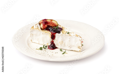 Plate with tasty baked Camembert cheese on white background