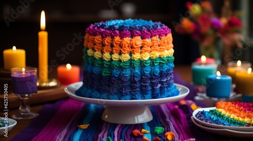 Colorful LGBTQ + pride - themed cake beautifully decorated and arranged on a dessert table, ready to be enjoyed at a festive event