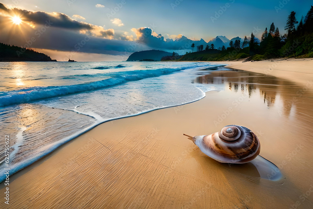 Sandy seashore at sunset. Nature landscape with sea snail