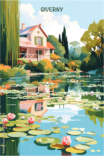 France Giverny village with water lily pond and house  landscape brochure. Abstract colorful rustic vector flat poster of Normandy region