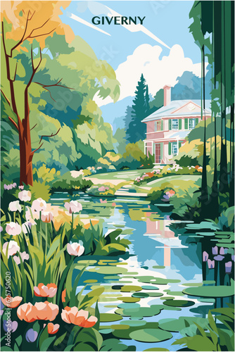 France Giverny village with water lily pond and house  landscape brochure. Abstract colorful rustic vector flat poster of Normandy region