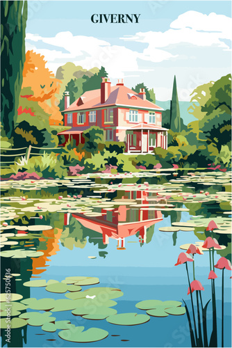 France Giverny village with water lily pond and house  landscape brochure. Abstract colorful rustic vector flat poster of Normandy region