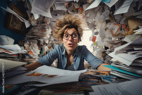Crazy of business woman with stressed, mad, migraine, Young business woman, office worker people working with stack of papers.