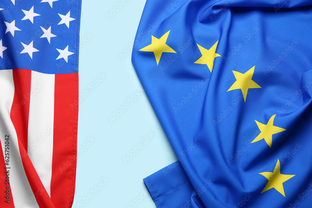 Flags of European Union and USA on blue background Flags of European Union and USA on blue background