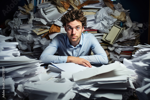 Portrait of business man with stack of papers in the office. Overwork and stress at work concepts.