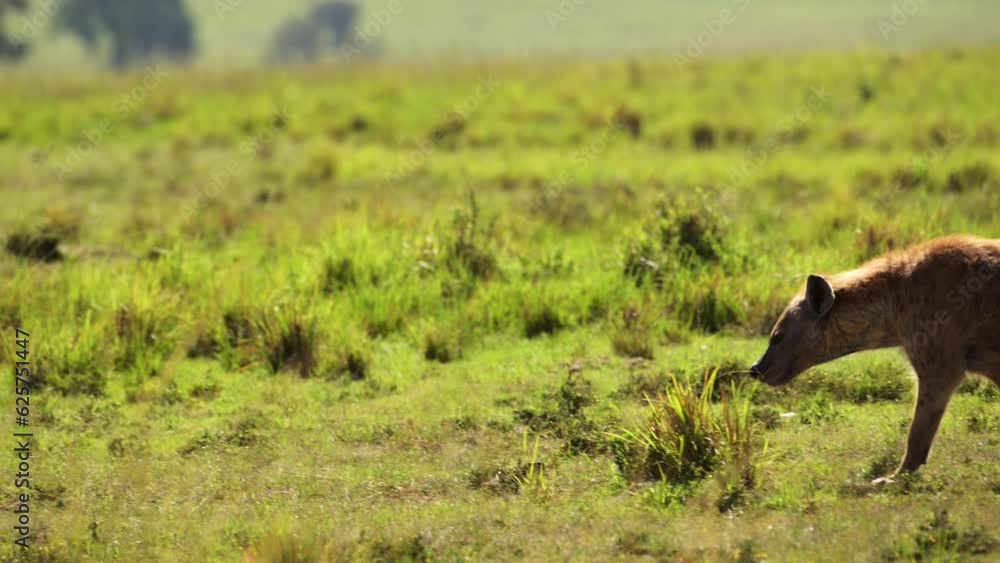 Slow Motion Shot of Hyena walking and prowling through tall grasslands greenery, nature, African Wildlife in Maasai Mara National Reserve, Kenya, Africa Safari Animals Slow Motion Shot of Hyena walking and prowling through tall grasslands greenery, nature, African Wildlife in Maasai Mara National Reserve, Kenya, Africa Safari Animals