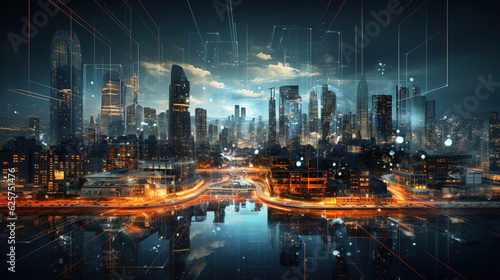 Wallpaper Mural Digital Overlay - Innovations and technology in Modern smart city with wireless network or big data connection technology concept Torontodigital.ca