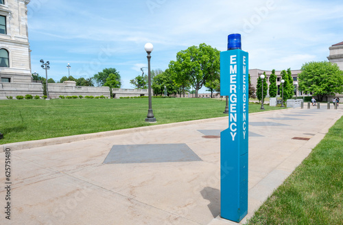 The Blue Emergency Call Box In Front of State Capital of St Paul, MN