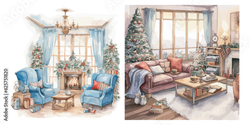 Watercolor Cozy Christmas sitting room clipart for graphic resources