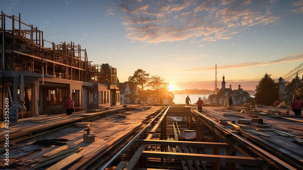 Fototapeta premium Building Dreams at Sunset: Construction Ambiance