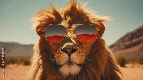 Lion with sunglasses on a road trip in a desert landscape. Generative AI