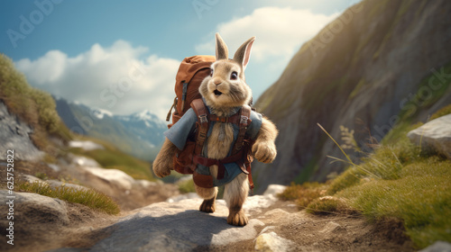 An adventurous rabbit with a backpack hiking on a mountain trail. Generative AI © VectorCookies