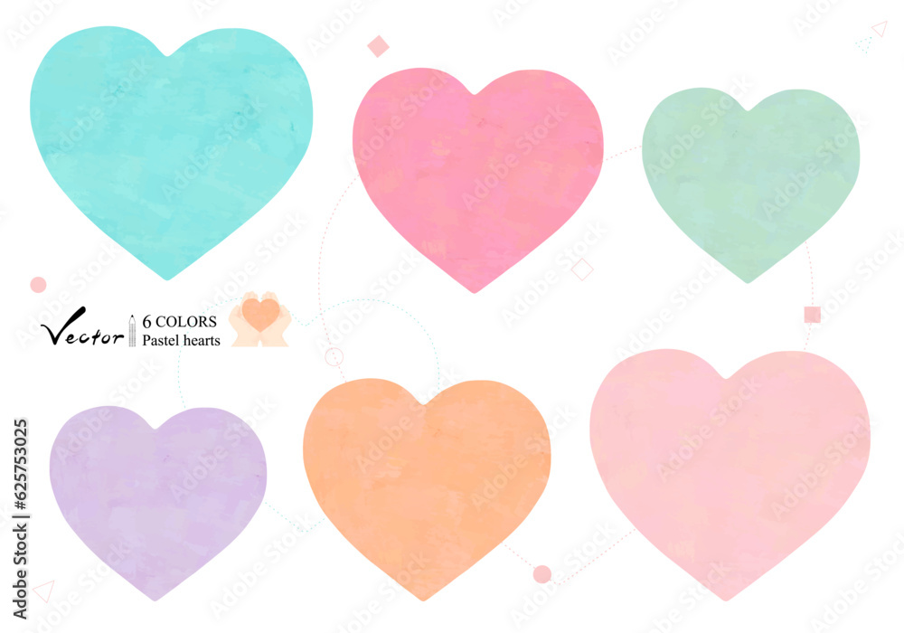 Vector illustration of six pastel colored hearts with a soft grunge touch. A bonus,human palm. Pink,babypink,aqua,mint,lavender and apricot orange.