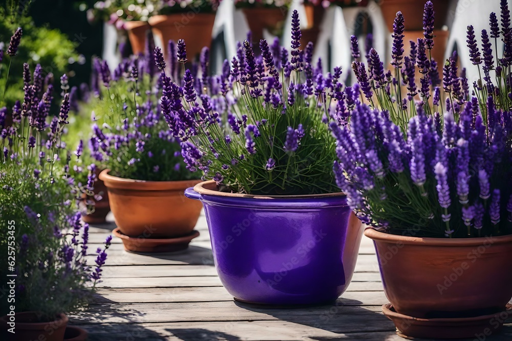 Beautiful pots with blooming purple lavender Beautiful pots with blooming purple lavender