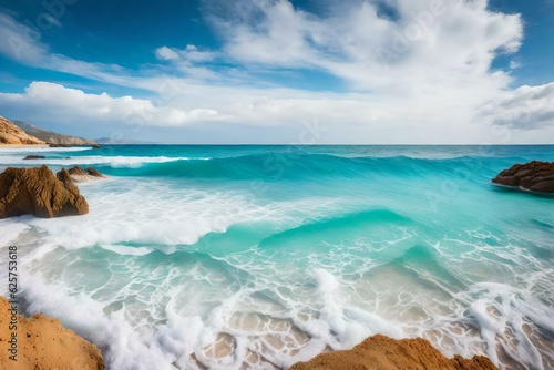 Beautiful beach with turquoise sea and waves and sea foam generated by AI tool © Muhammad
