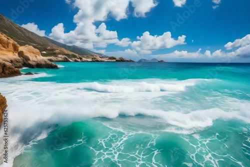 Beautiful beach with turquoise sea and waves and sea foam generated by AI tool