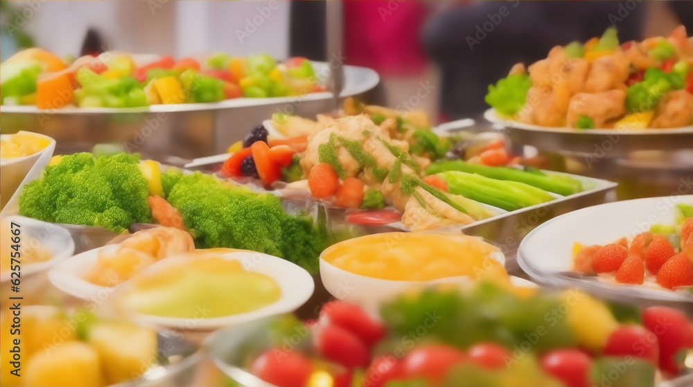 People group catering buffet food indoor in restaurant with chicken colorful fruits and vegetables