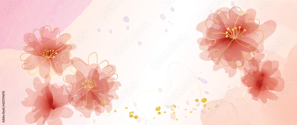 Spring floral in watercolor vector background. Luxury wallpaper design with eucalyptus, line art, golden texture. Elegant gold blossom flowers illustration suitable for fabric, prints, cover. 