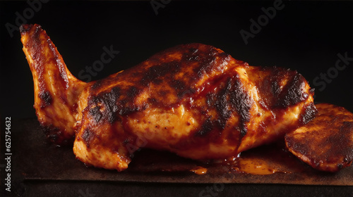 A sizzling BBQ chicken with a charred, smoky flavor, set against a stark black background