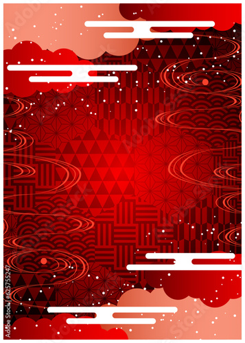 紅の雲と六角吉祥文様タテ