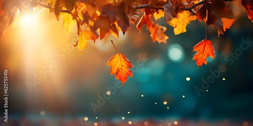 Autumn colorful bright leaves swinging in a tree in autumnal park. Autumn colorful background, fall backdrop, AI generative