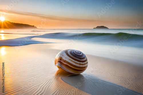 Fototapeta Naklejka Na Ścianę i Meble -  Panoramic view of tropical beach with snail shell on the beach. Beach texture with golden sun background