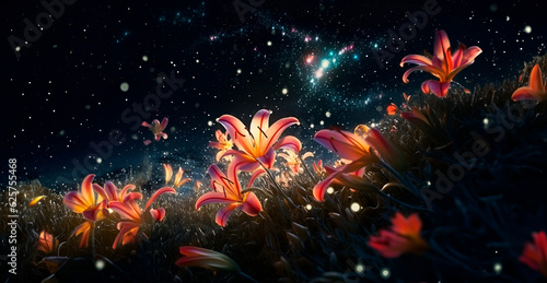 Blossoms under the Starry Sky - Floral Magic in the Background   Generative IA