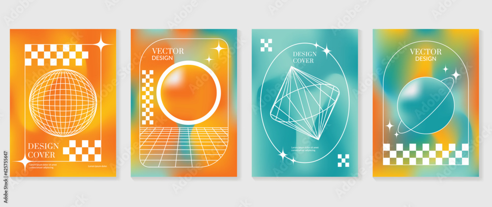 Modern y2k design background cover. Abstract gradient graphic with sparkles, pixel, wireframe. Aesthetic business cards collection illustration for flyer, brochure, invitation, social media, poster.
