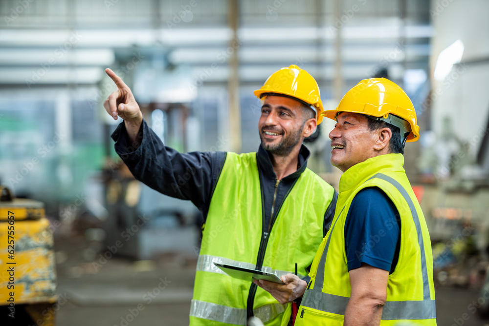 Two professional engineer worker technician assistant in helmet inspection check old machine construction factory with colleague manager. check old machinery production construction operating Two professional engineer worker technician assistant in helmet inspection check old machine construction factory with colleague manager. check old machinery production construction operating