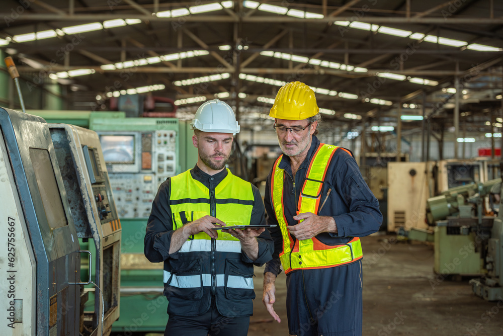 Two professional engineer worker technician assistant in helmet inspection check old machine construction factory with colleague manager. check old machinery production construction operating Two professional engineer worker technician assistant in helmet inspection check old machine construction factory with colleague manager. check old machinery production construction operating