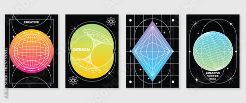 Modern y2k design background cover. Abstract gradient graphic with 3d geometric shape, wireframe. Aesthetic business card collection illustration for flyer, brochure, invitation, social media, poster.