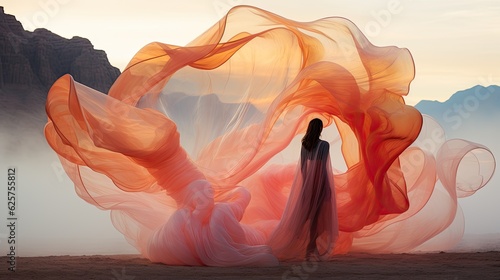 Abstract colorful smoke scarf blowing in the wind over a desert landscape with a woman in silhouette. Concept art sunset. 