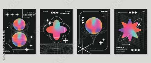 Modern y2k design background cover. Abstract gradient graphic with sparkles, pixel, wireframe. Aesthetic business cards collection illustration for flyer, brochure, invitation, social media, poster.