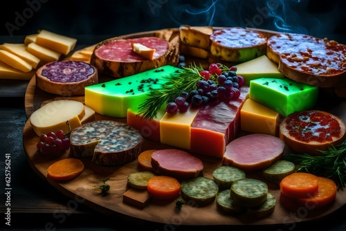 charcuterie board with multicolored alien cheeses, with glowing mold and fungus. generated by AI tools
