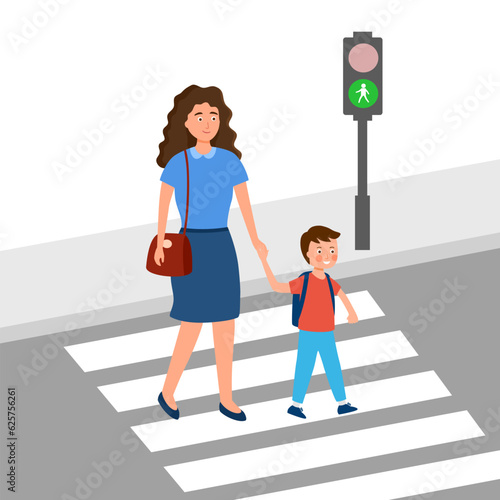 Mother with kid crossing the road at crosswalk with traffic light vector illustration. Mom and son walking together in city road in flat design.