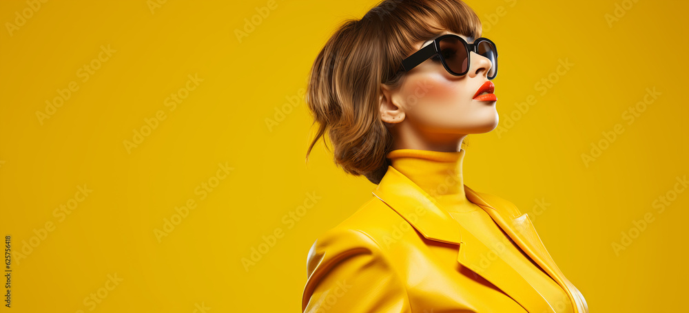 portrait of a fashion woman model wearing sunglasses and yellow jacket. Image generative AI. portrait of a fashion woman model wearing sunglasses and yellow jacket. Image generative AI.