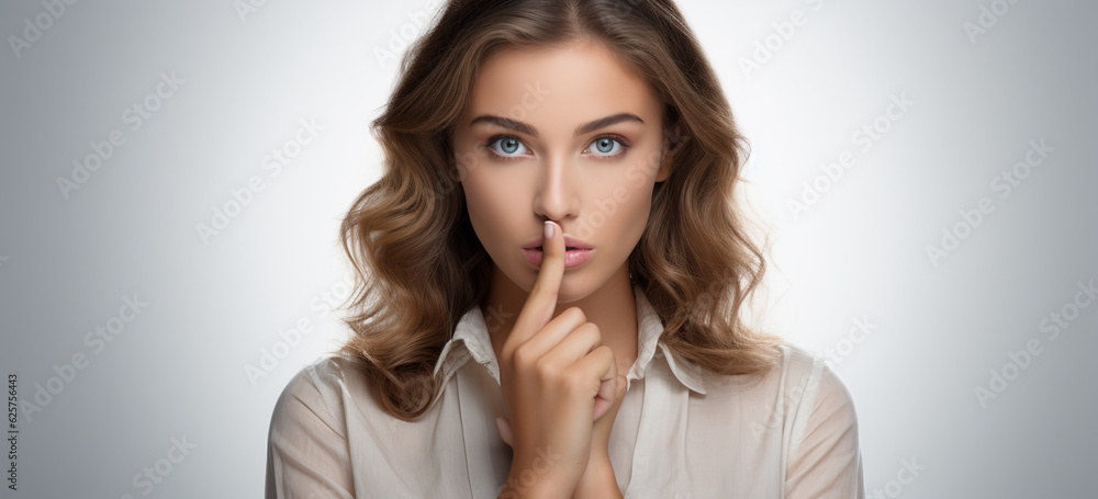 Young blond woman with index finger on lips in sign of silence Young blond woman with index finger on lips in sign of silence