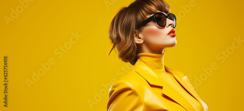 portrait of a fashion woman model wearing sunglasses and yellow jacket.  Image generative AI.