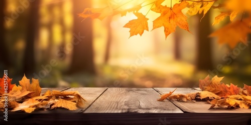 Autumn Table - Orange Leaves And Wooden Plank At Sunset In Forest, AI Generative