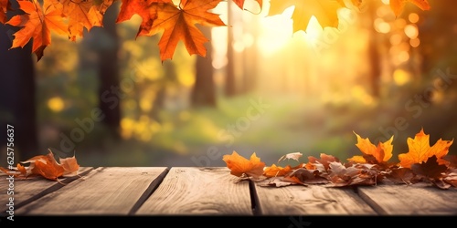Autumn Table - Orange Leaves And Wooden Plank At Sunset In Forest  AI Generative