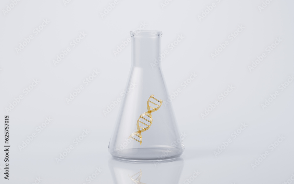 Chemical glassware and golden DNA, 3d rendering. Chemical glassware and golden DNA, 3d rendering.