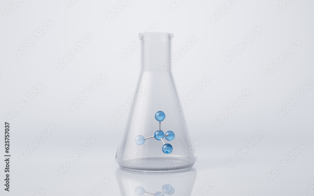 Chemical glassware and molecule, 3d rendering. Chemical glassware and molecule, 3d rendering.