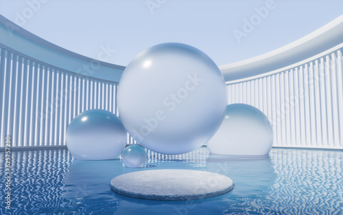 Fototapeta Naklejka Na Ścianę i Meble -  Empty stage with glass balls background, 3d rendering.